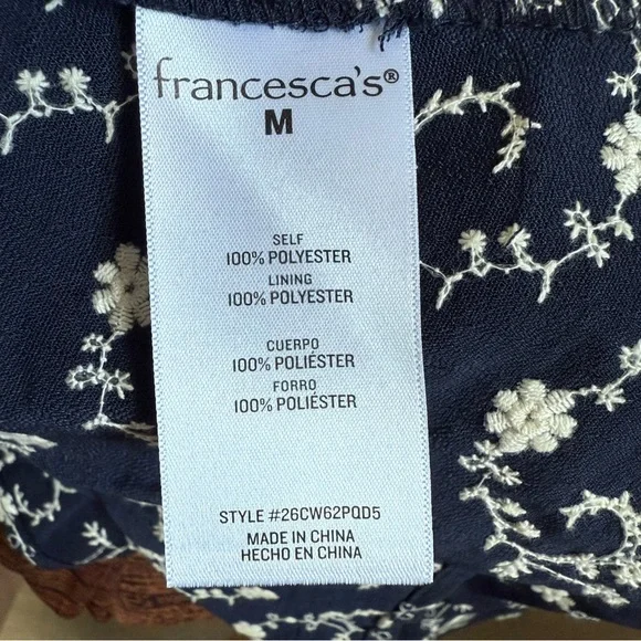 Francesca's Collection Gena Tie Back Embroidered Navy Puff Sleeve Mini Dress - Picture 16 of 16